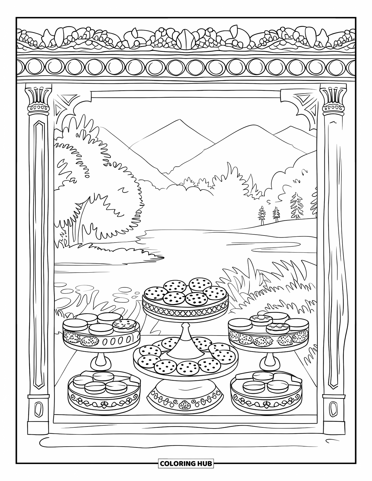 Cookie Coloring Page for Adults: An elegant bakery window displays a variety of beautifully arranged cookies
