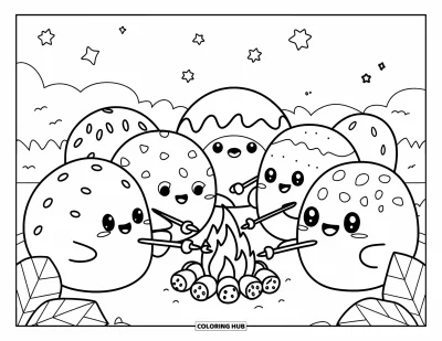 Coloriage de Cookie pour adultes : Des cookies se rassemblent autour d’un feu de camp de guimauve par une nuit étoilée, faisant griller des mini-cookies