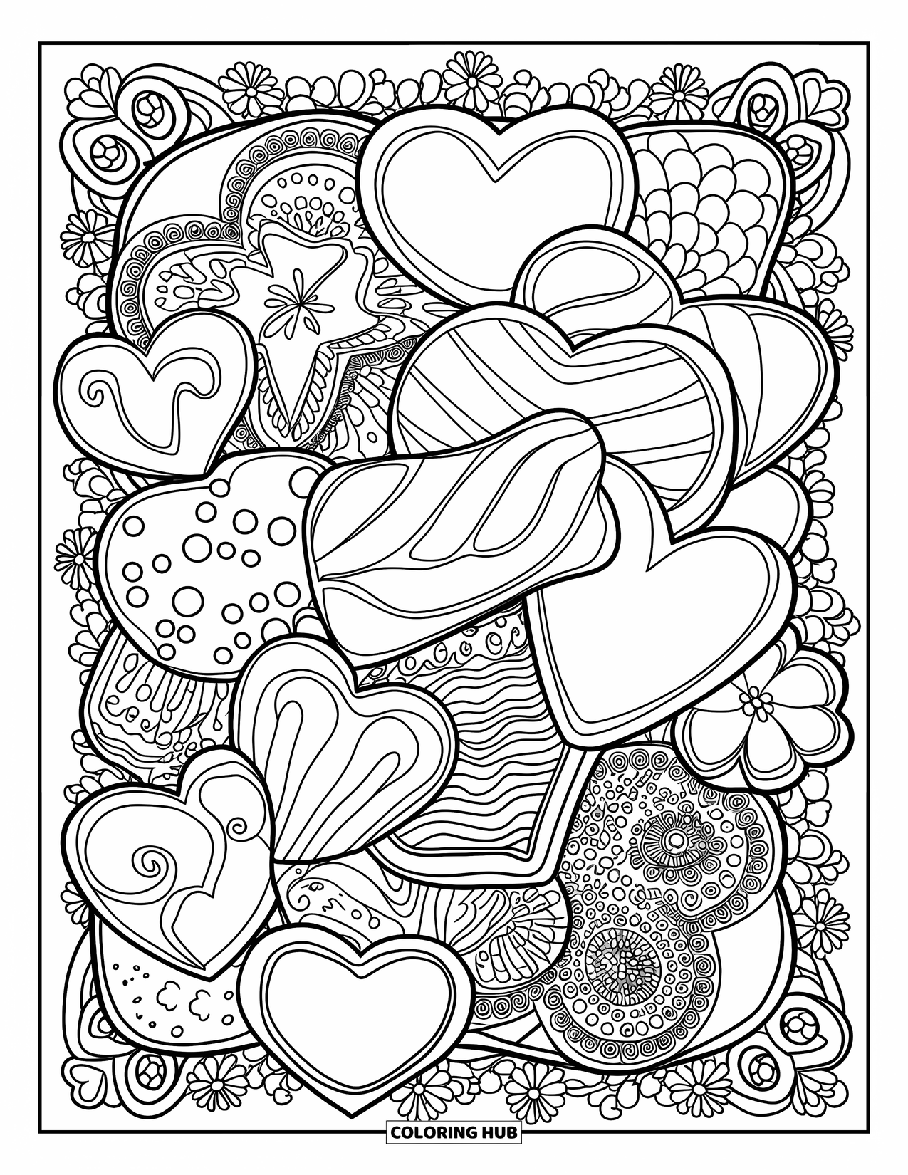 Cookie Coloring Page for Adults: Overlapping sugar cookies with different shapes and intricate icing designs, surrounded by decorative borders