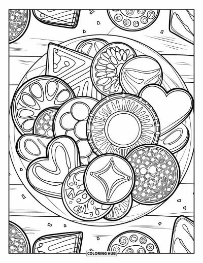 Coloriage de cookie pour adultes : des biscuits au sucre avec des motifs de glaçage uniques de différentes formes, placés sur une planche en bois