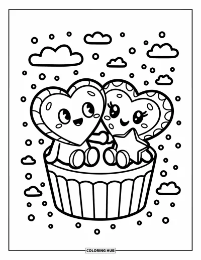 Coloriage de Cookie pour adultes : Deux cookies, un cœur et une étoile, sont assis sur une caissette à cupcake avec des nuages et des points