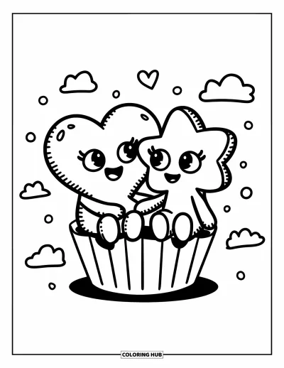 Coloriage de Cookie pour adultes : Deux cookies sucrés se tiennent la main, assis sur une caissette à cupcake avec des nuages et des pois