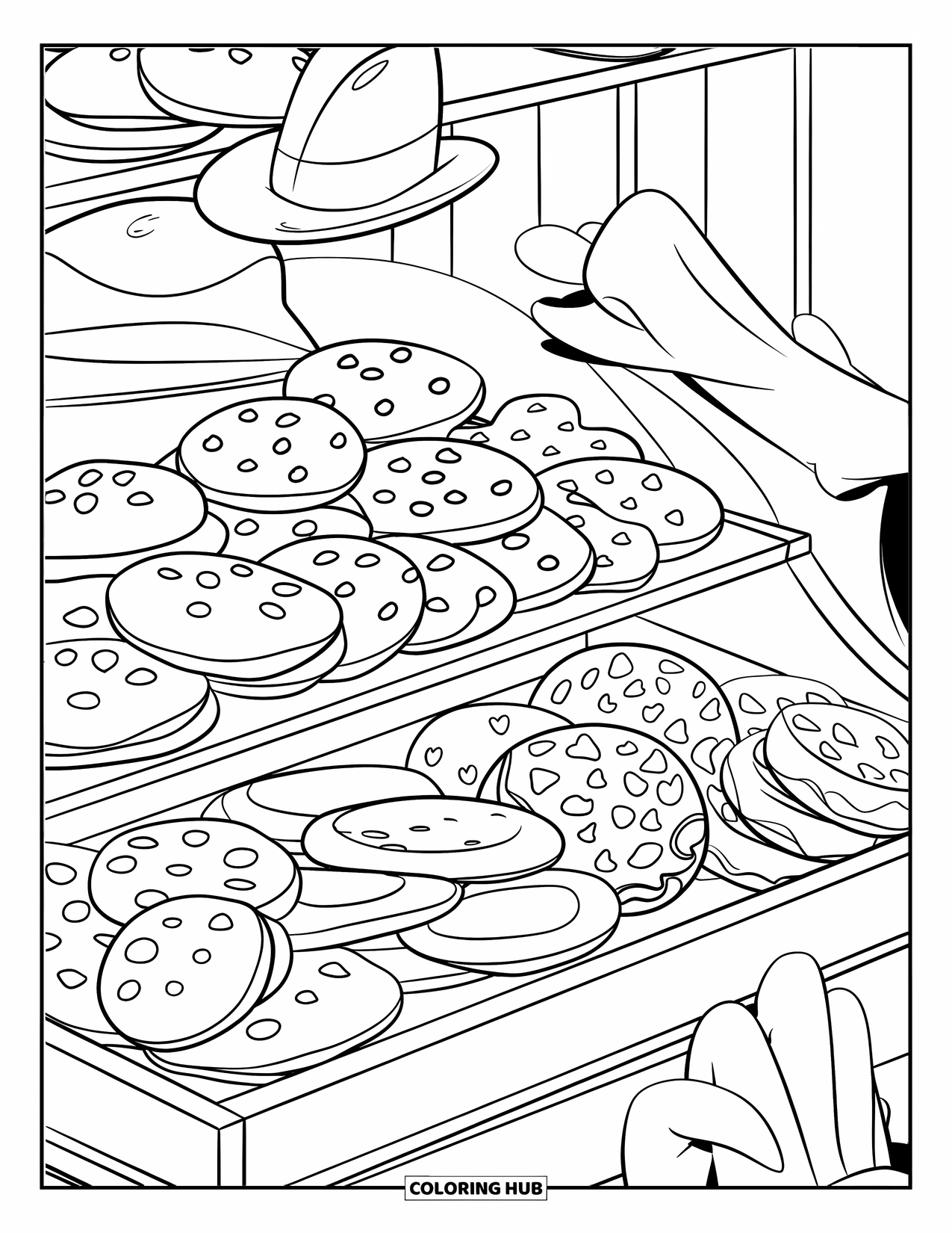 Cookie Coloring Page for Kids: A bakery shelf filled with cookies in a wooden crate, with a hat and hand in the image