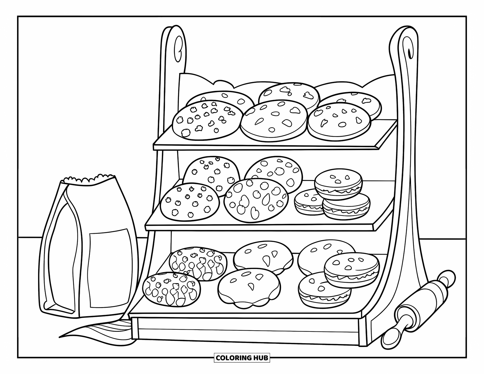 Cookie Coloring Page for Kids: A bakery shelf filled with sugar cookies, chocolate chip, oatmeal, and macarons, with baking tools
