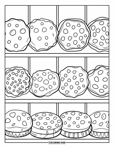 Coloriage de Cookie pour enfants : Une étagère de boulangerie remplie de divers cookies, chacun avec des contours audacieux, sur un fond blanc