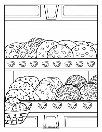 Coloriage de Cookie pour enfants : Une étagère de boulangerie avec des cookies aux pépites de chocolat, au sucre, à l’avoine et au pain d’épices, et un panier de cookies