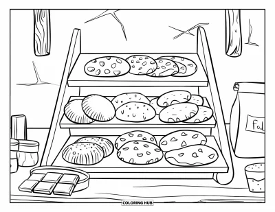 Coloriage de Cookie pour enfants : Une étagère de boulangerie avec des cookies, des barres de chocolat et un sac de farine, sur un mur beige