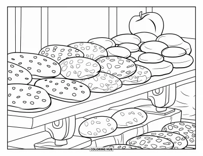 Coloriage de Cookie pour enfants : Une étagère de boulangerie avec divers cookies, une pomme verte et un fond simple sans distractions
