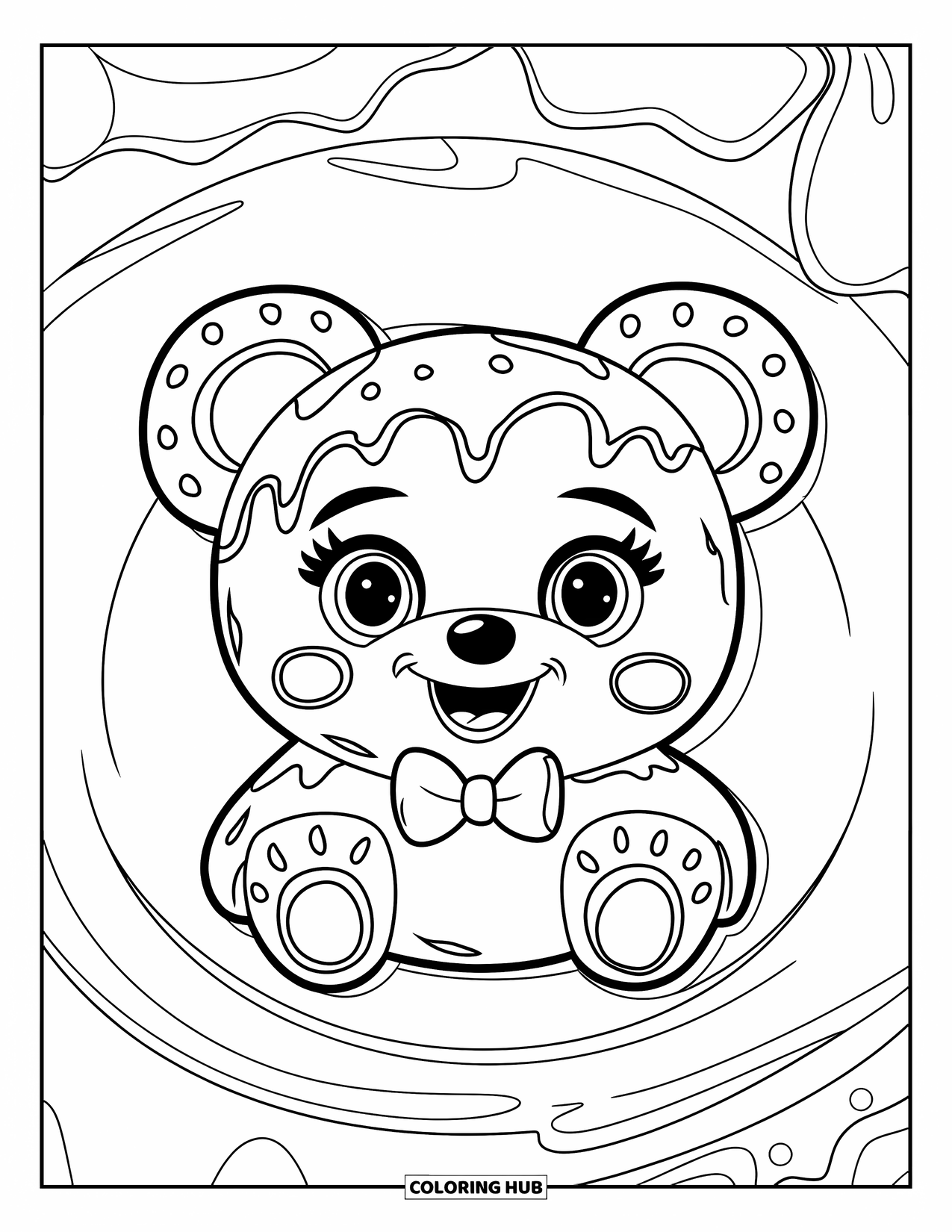 Cookie Coloring Page for Kids: A bear-shaped cookie with icing details and a bowtie on a plate, set against a clean background