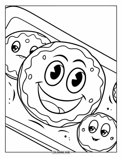 Coloriage de Cookie pour enfants : Un cookie joyeux sur un plateau avec deux cookies plus petits et plus simples, tous invitant aux sourires