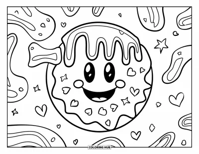 Coloriage de Cookie pour enfants : Un cookie joyeux en forme de visage souriant décoré de glaçage arc-en-ciel, créant une ambiance joyeuse