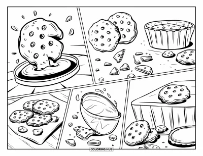 Coloriage de Cookie pour enfants : Une page de bande dessinée présentant des moments de cookies avec des contours audacieux dans un style amusant et animé pour le coloriage