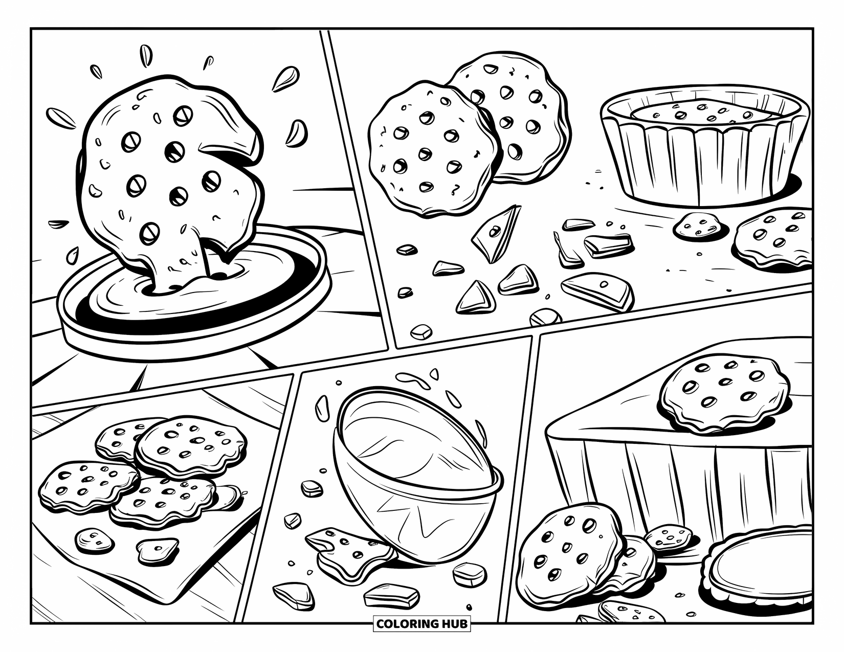 Cookie Coloring Page for Kids: A comic page featuring cookie moments with bold outlines in a fun, animated style for coloring