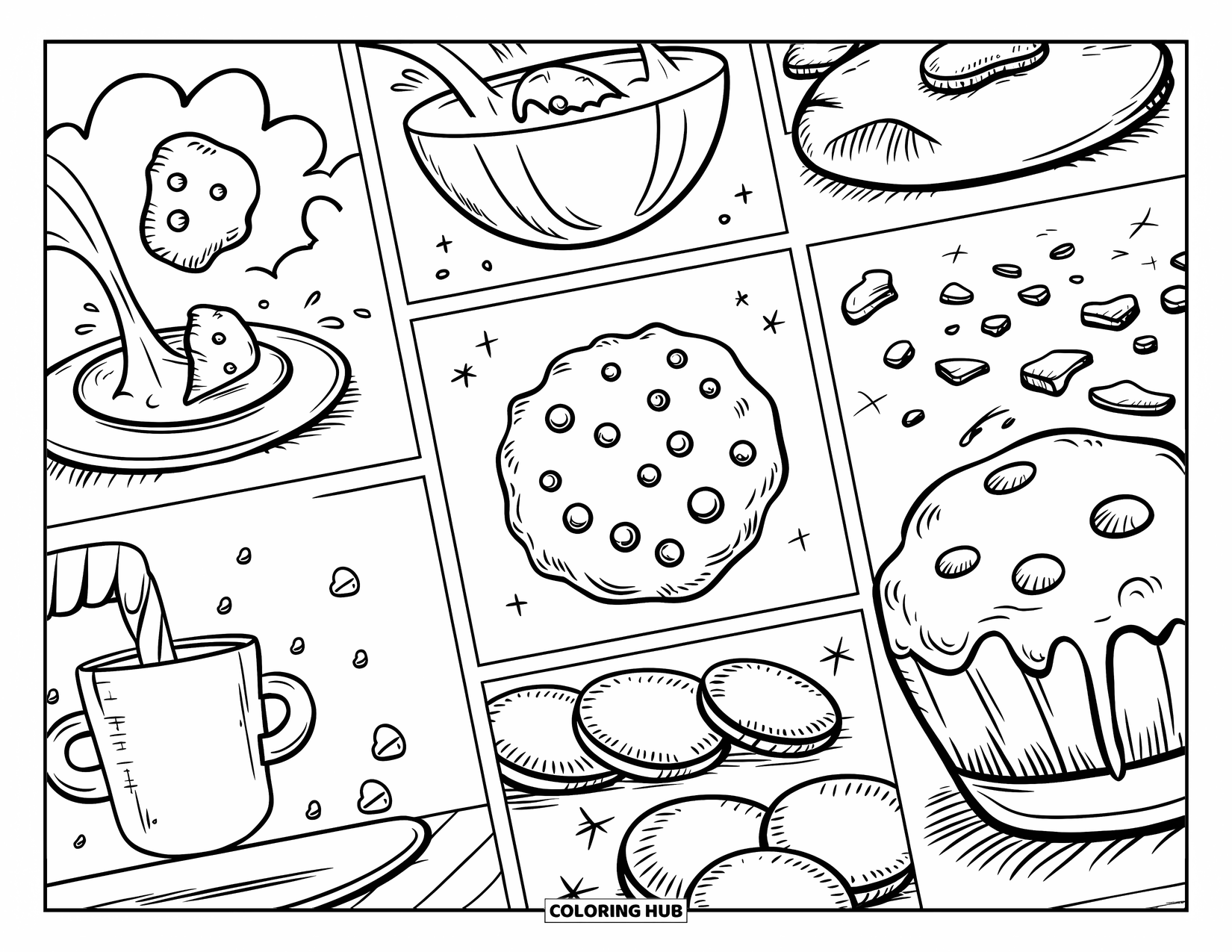 Cookie Coloring Page for Kids: A comic page with cookie moments: dunking, crumbling, baking, and cooling, in a playful style