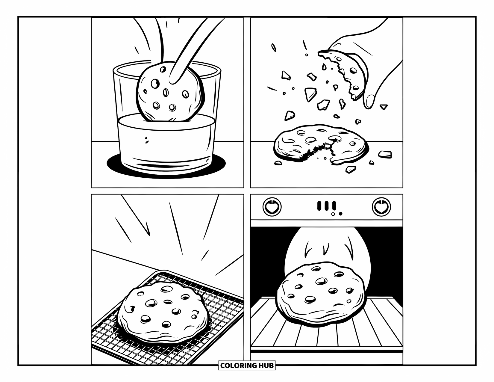 Cookie Coloring Page for Kids: A comic page with cookies dunking, crumbling, cooling, and baking in four dynamic panels
