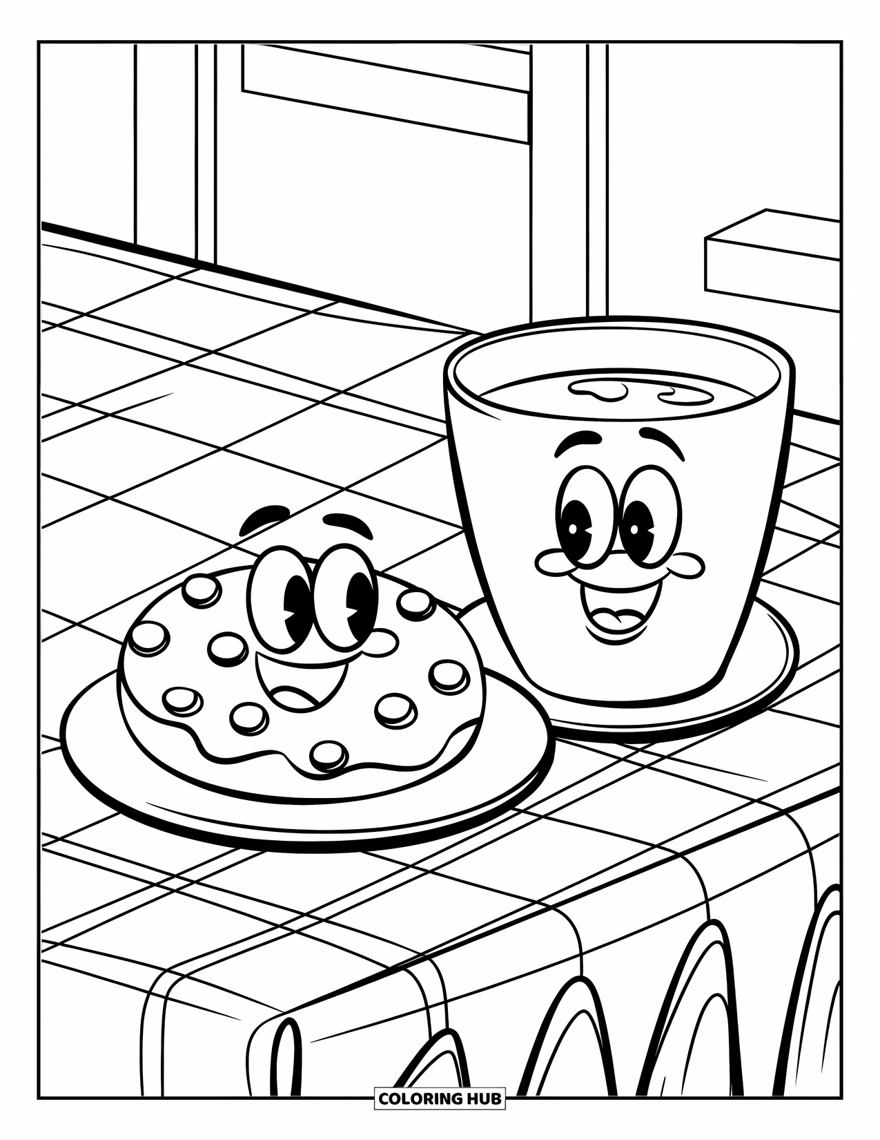 Cookie Coloring Page for Kids: A cookie and milk duo with fun expressions on a table with a green checkered tablecloth