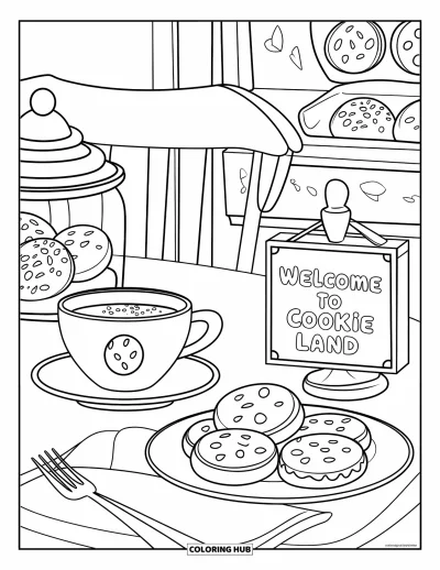 Coloriage de Cookie pour enfants : Une table de café à cookies avec une tasse à café, des cookies, une assiette et un panneau « Bienvenue au pays des cookies »
