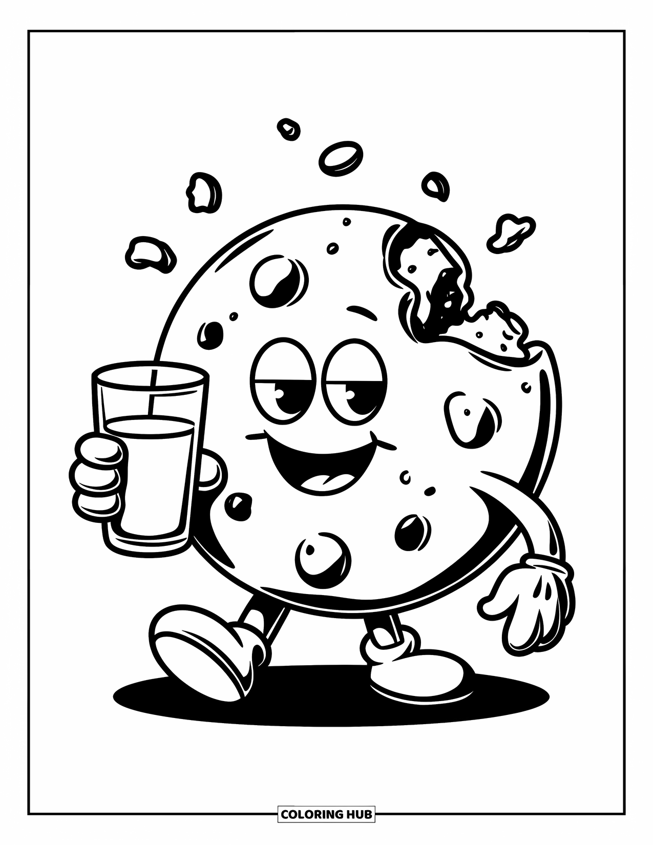 Cookie Coloring Page for Kids: A cookie character holding a glass of milk, with crumbs falling from the cookie