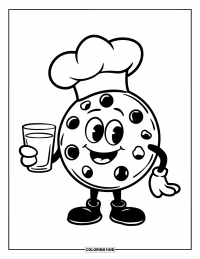Coloriage de Cookie pour enfants : Un personnage de cookie avec un chapeau de chef tenant un verre de lait, sur un fond épuré