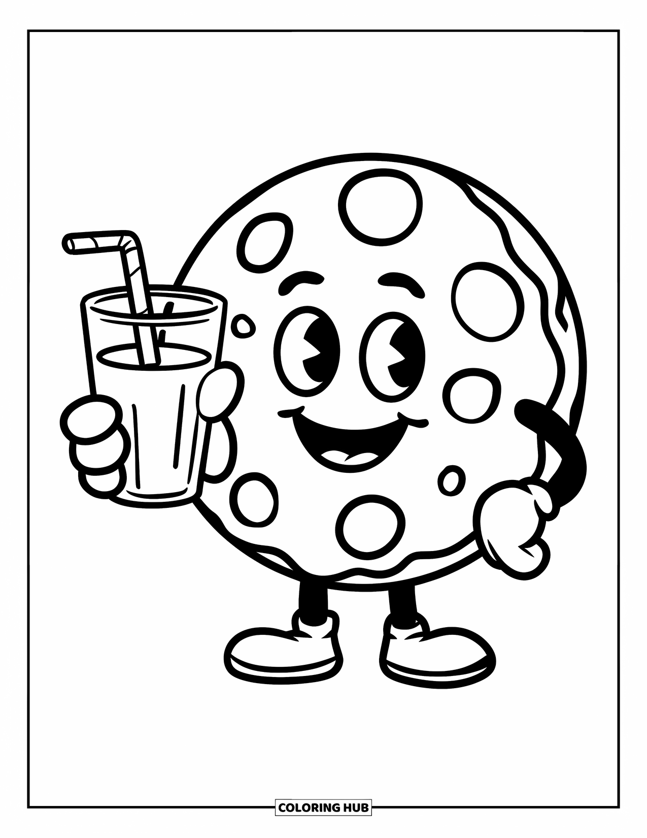 Cookie Coloring Page for Kids: A cookie character with a smiley face holding a glass of milk with a straw