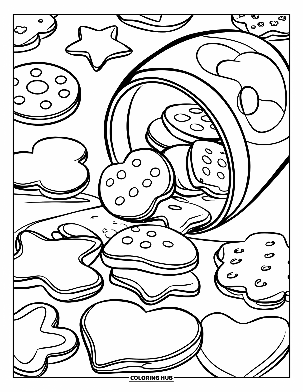 Cookie Coloring Page for Kids: A cookie jar spilling various shaped cookies, with a Mickey Mouse design on the jar