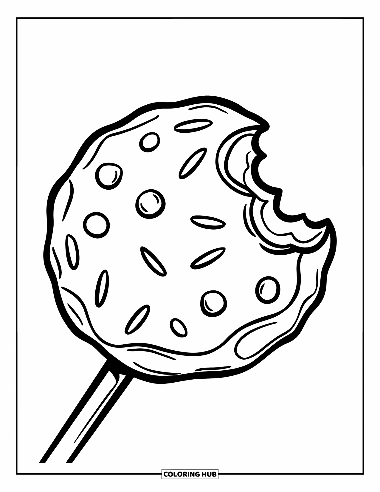 Cookie Coloring Page for Kids: A cookie on a wooden stick with sprinkles and a bite taken out, fun and cute