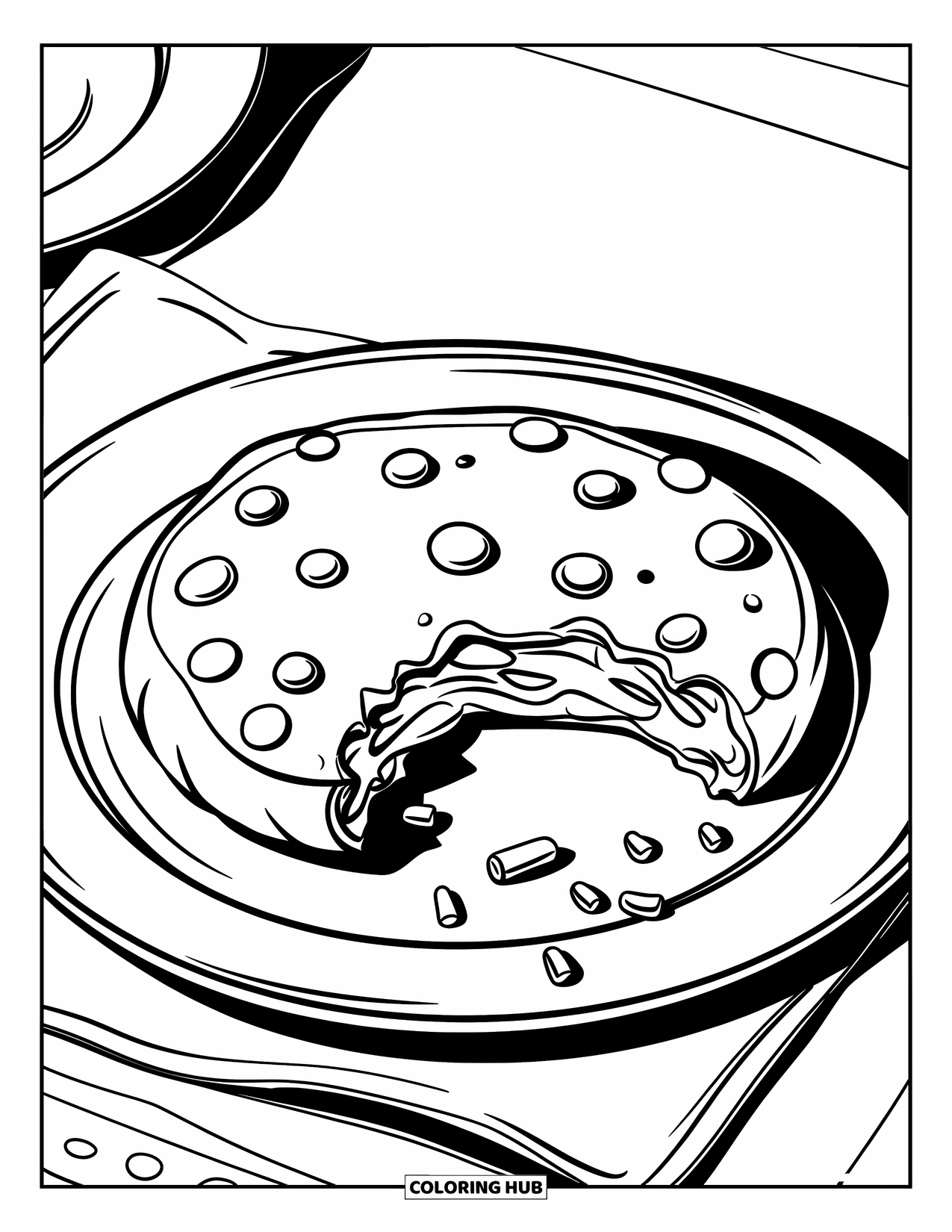 Cookie Coloring Page for Kids: A cookie with a bite taken out of it, sitting on a plate with sprinkles