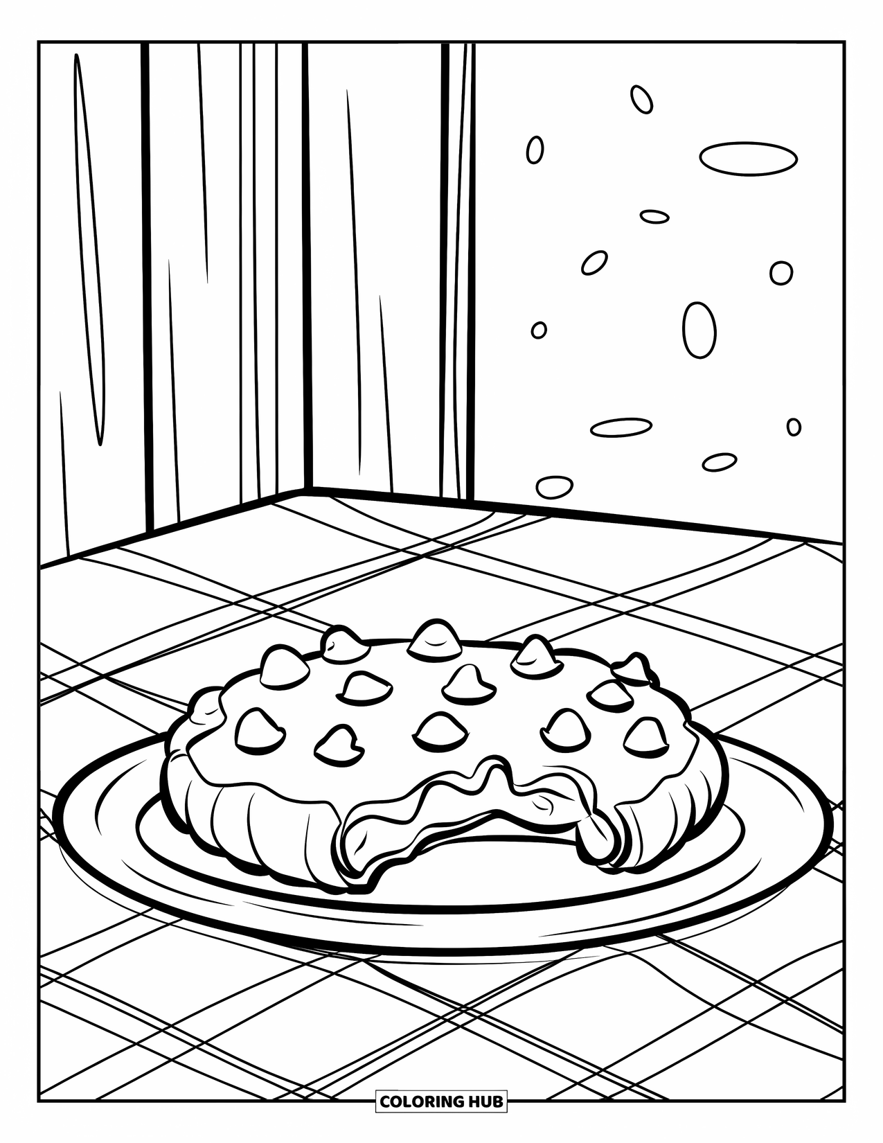 Cookie Coloring Page for Kids: A cookie with a bite taken out, placed on a plate on a checkered table