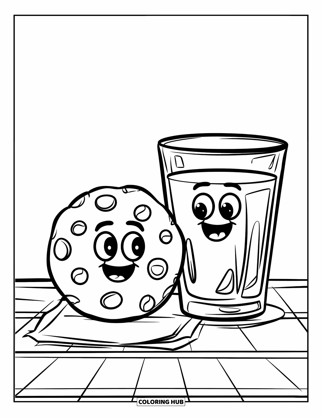 Cookie Coloring Page for Kids: A cookie with a smile and a glass of milk with a smiling face, placed on a table