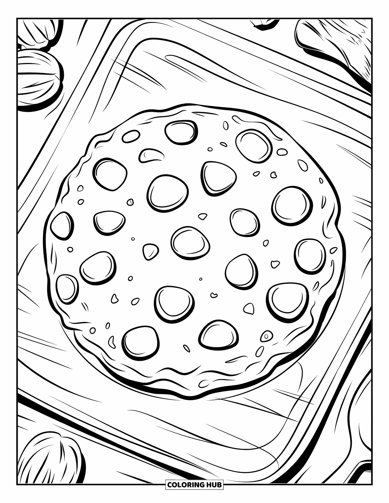 Cookie Coloring Page for Kids: A giant chocolate chip cookie on a wooden board, surrounded by nuts and a spoon