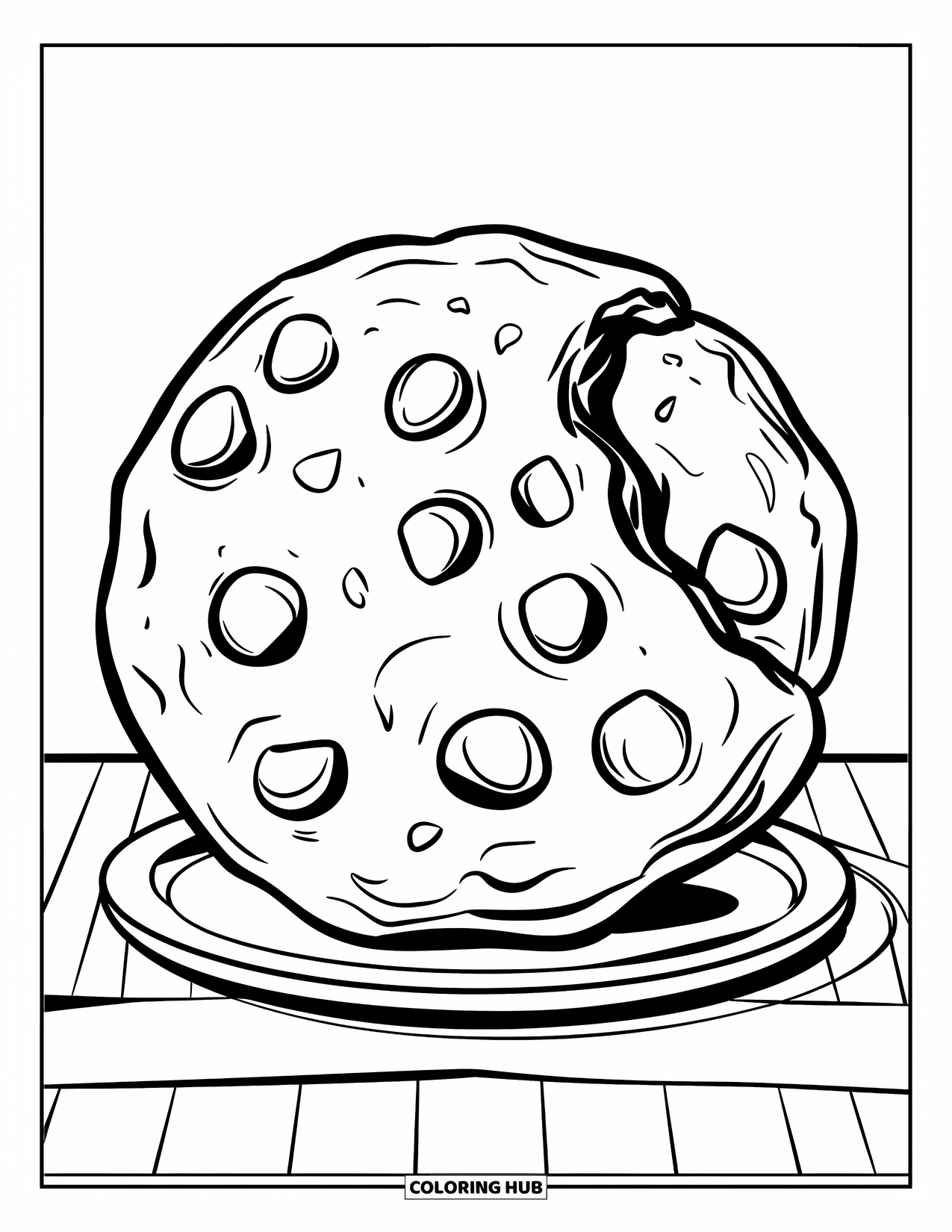 Cookie Coloring Page for Kids: A giant chocolate chip cookie with big chips, placed on a simple white plate