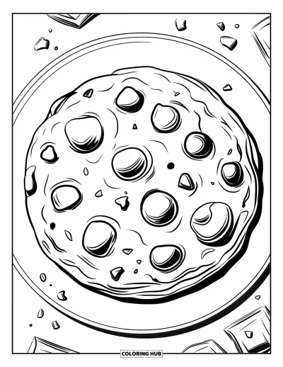 Coloriage de Cookie pour enfants : Un cookie géant aux pépites de chocolat avec de grosses pépites, assis sur une assiette avec des miettes