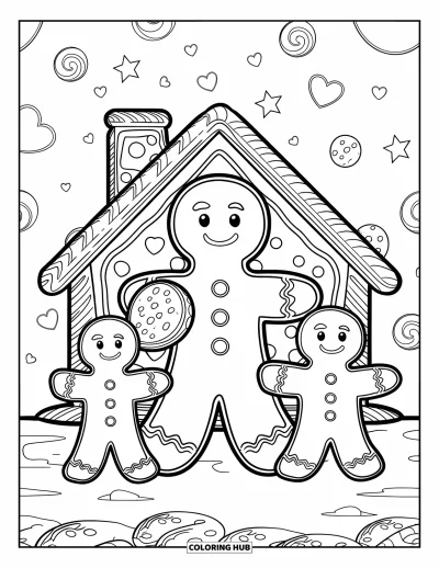 Coloriage de biscuits pour enfants : Une famille en pain d'épice devant une maison en biscuits, avec des bonbons et une cheminée en biscuit
