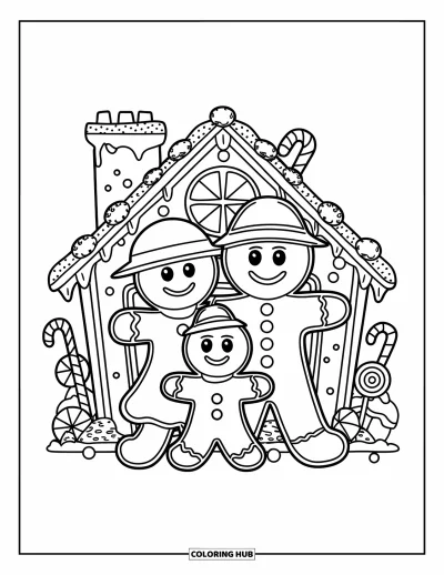 Coloriage de Cookie pour enfants : Une famille de bonhommes en pain d’épices devant une maison en biscuits décorée avec des bonbons dans un style festif