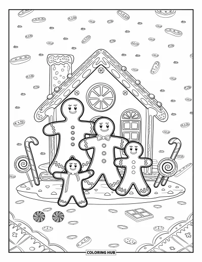 Coloriage de Cookie pour enfants : Une famille de bonhommes en pain d’épices avec une maison en biscuits et des bonbons, dans un champ de cookies écrasés