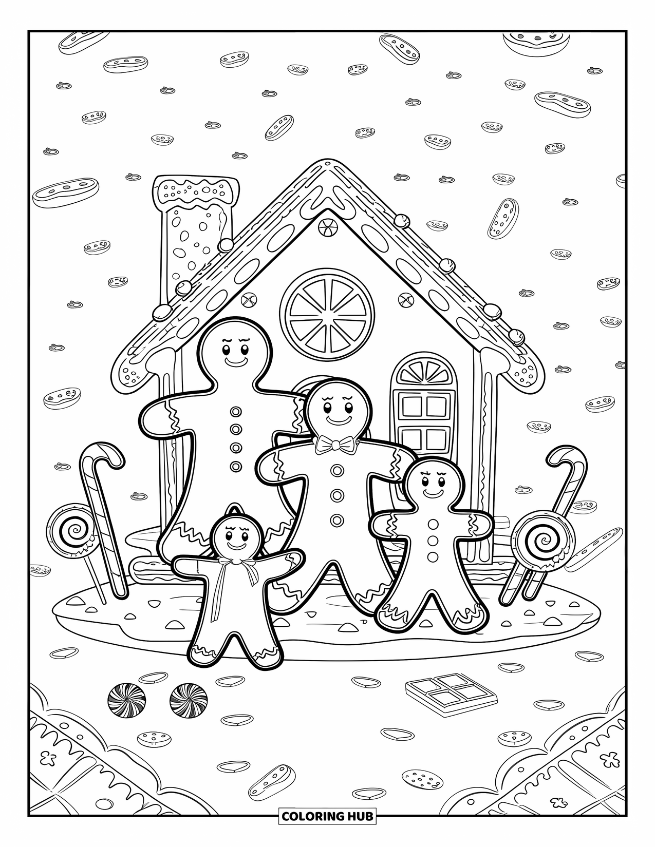Cookie Coloring Page for Kids: A gingerbread man family with a cookie house and candies, set in a field of crushed cookies