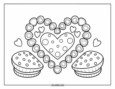Coloriage de Cookie pour enfants : Un arrangement de cookies en forme de cœur avec des bonbons et des cookies dans un design fantaisiste