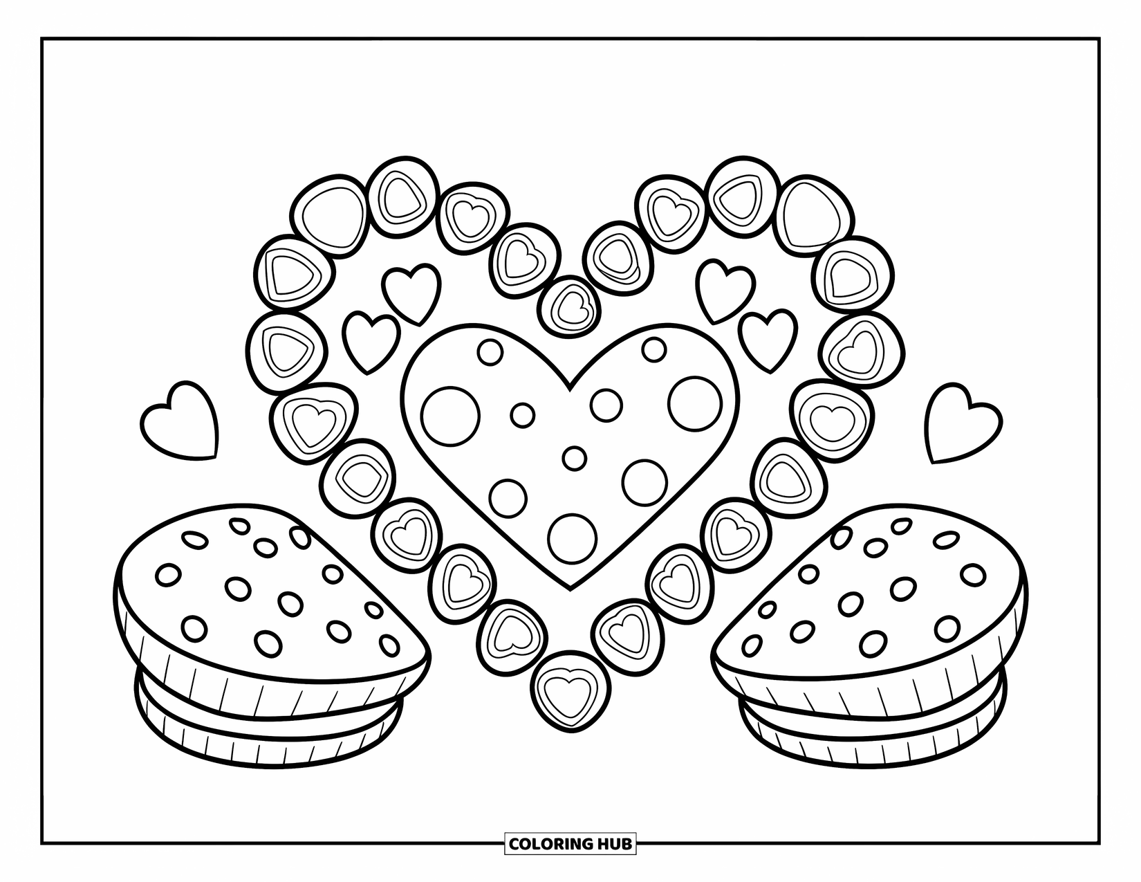 Cookie Coloring Page for Kids: A heart-shaped cookie arrangement with candies and cookies in a whimsical design