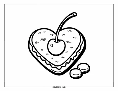 Coloriage de Cookie pour enfants : Un cookie en forme de cœur garni d’une cerise et de pépites de chocolat, doux et simple