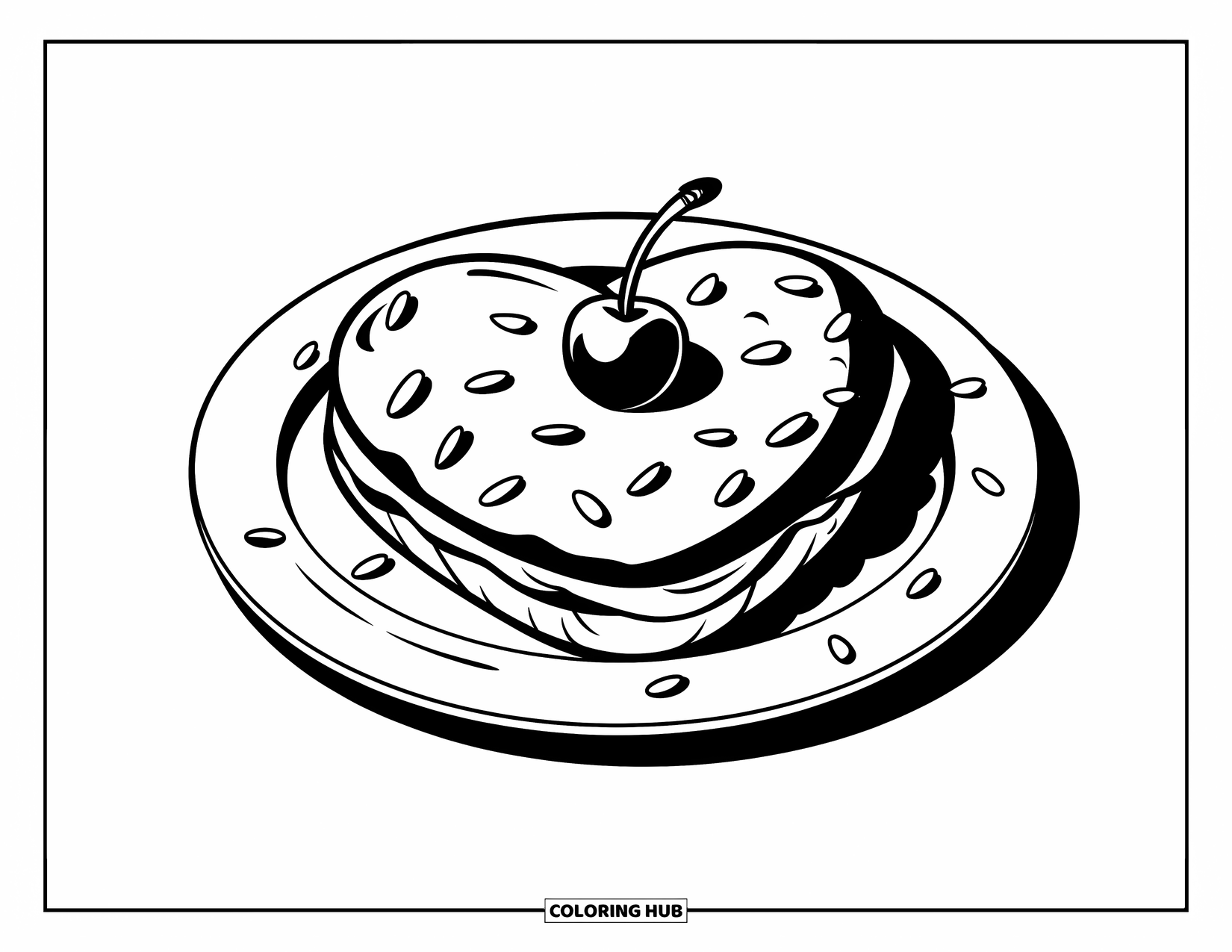 Cookie Coloring Page for Kids: A heart-shaped cookie with a cherry on top and sprinkles, all on a white plate