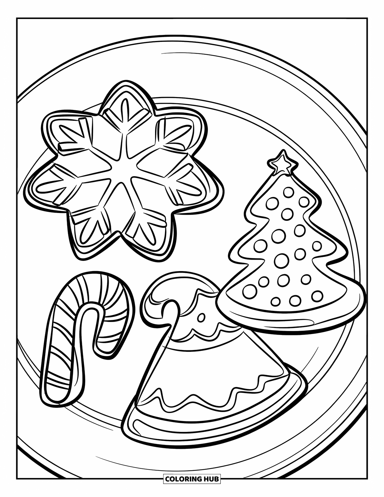 Cookie Coloring Page for Kids: A holiday-themed cookie set with snowflake, tree, and candy cane-shaped cookies on a plate