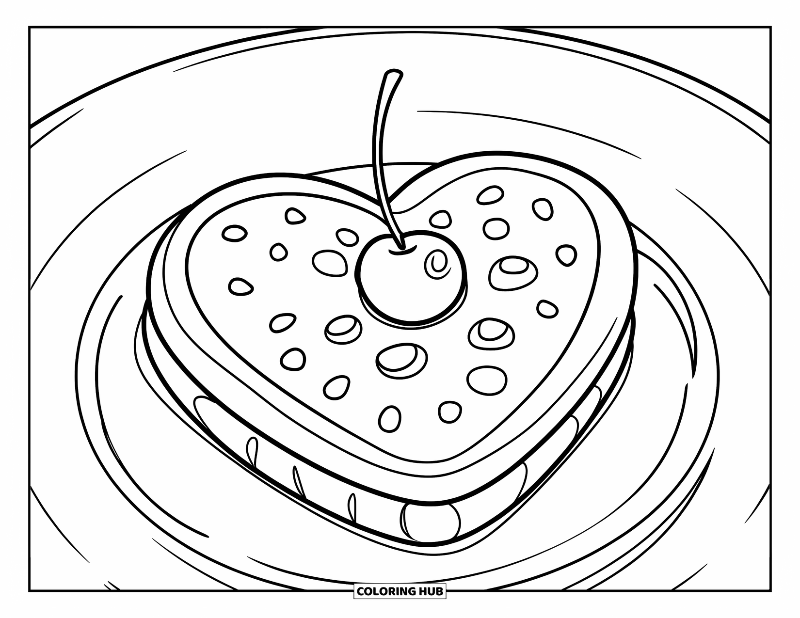 Cookie Coloring Page for Kids: A minimal heart-shaped cookie with a cherry on top, placed neatly on a plate