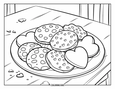 Coloriage de Cookie pour enfants : Une assiette de cookies aux pépites de chocolat, à l’avoine et en forme de cœur sur une table avec des miettes