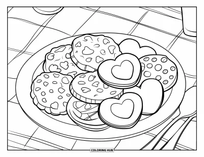 Coloriage de Cookie pour enfants : Une assiette de cookies mélangés sur une table à carreaux avec une fourchette, une cuillère et un fond simple