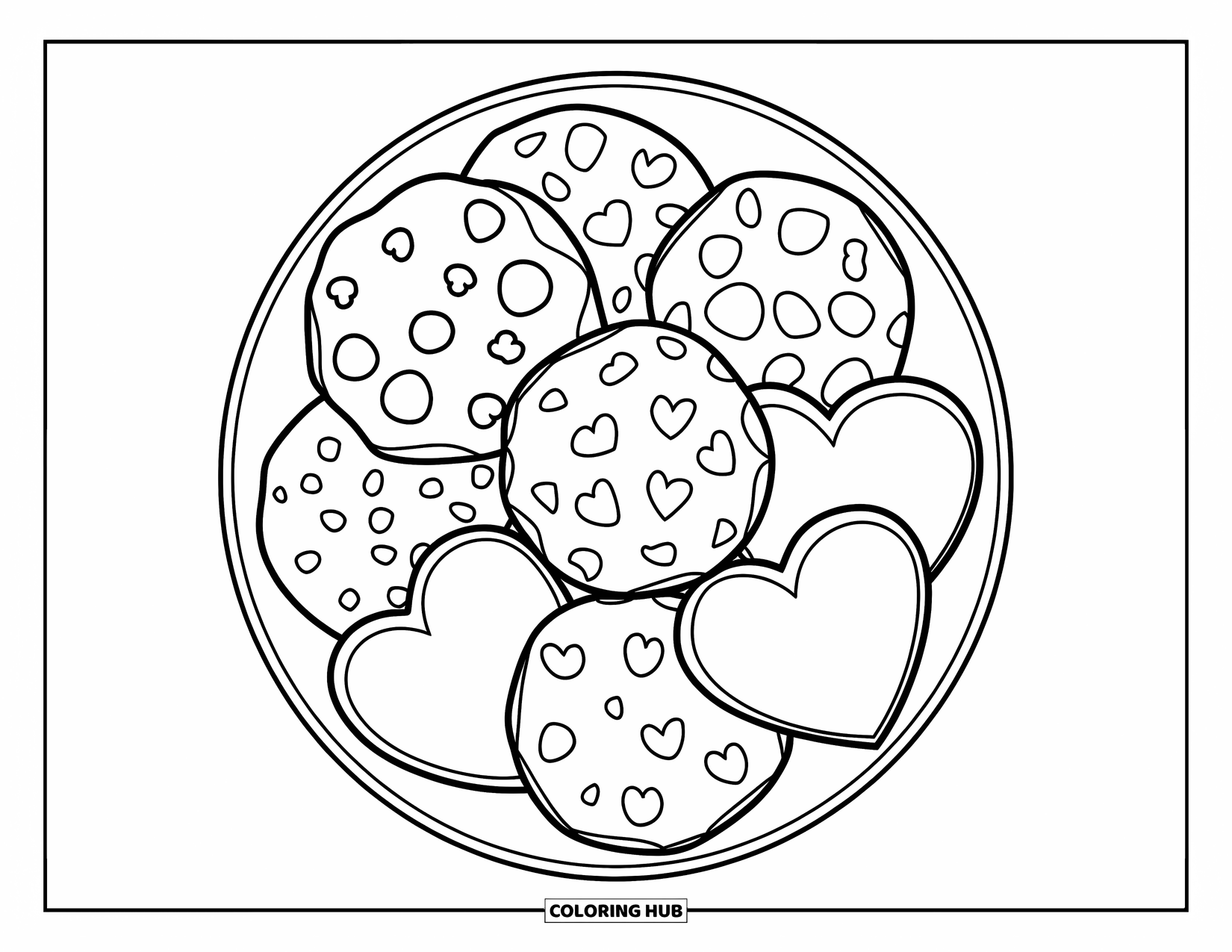 Cookie Coloring Page for Kids: A plate with chocolate chip, oatmeal, and heart-shaped cookies, set against a white background