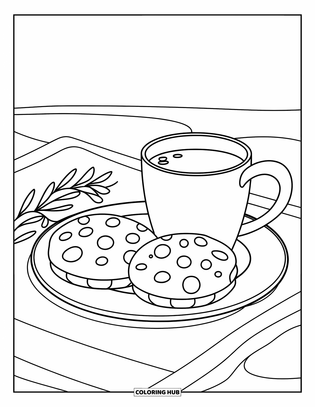 Cookie Coloring Page for Kids: A plate with cookies and milk, accompanied by sprigs of greenery for a cozy vibe