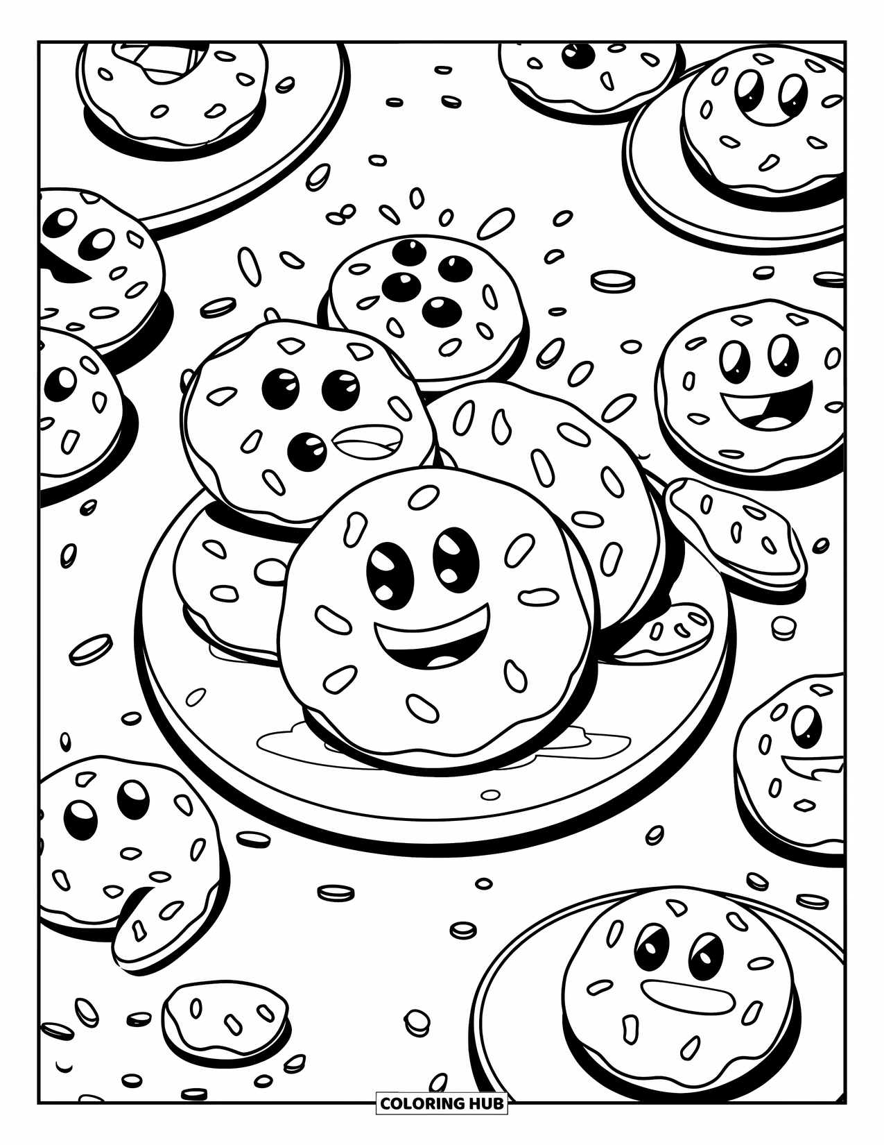 Cookie Coloring Page for Kids: A playful cookie fight scene with cookies tossing sprinkles, set on a plate with crumbs
