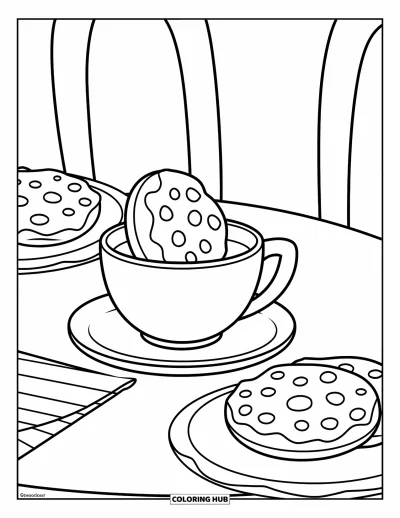 Coloriage de Cookie pour enfants : Une simple table de café à cookies avec une tasse à café, des cookies et une serviette sur un fond épuré