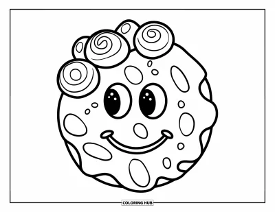 Coloriage de Cookie pour enfants : Un cookie en forme de visage souriant avec un glaçage coulé, plein de détails amusants et ludiques