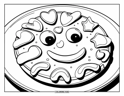 Coloriage de Cookie pour enfants : Un cookie en forme de visage souriant avec des coulées de glaçage dans des formes amusantes, parfait pour les jeunes enfants